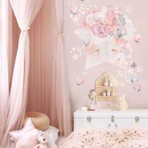 Muurstickers ster met bloemen, blush roze kinderkamer, stickers van zelfklevende stof