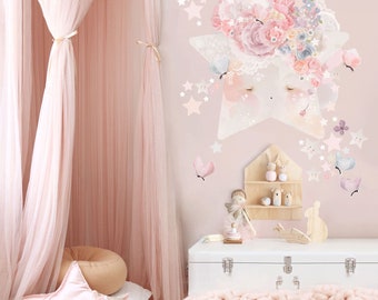 Floral Sterne Wandtattoos, Blush rosa Kinderzimmer, Schälen und Aufkleben Stoff Aufkleber