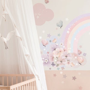 Large Rainbow Wall Decal, Nursery Removable Kids Wall Stickers, Kids Rainbow Peel and Stick Bedroom Wallpaper Decor, Girls Watercolor Room image 2
