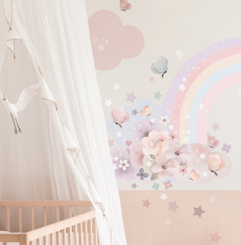 Large Rainbow Wall Decal, Nursery Removable Kids Wall Stickers, Kids Rainbow Peel and Stick Bedroom Wallpaper Decor, Girls Watercolor Room image 2