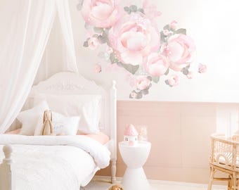 Abnehmbare rosa Blumen-Wandabziehbilder, Rosen- und Pfingstrosen-Stoffsticker