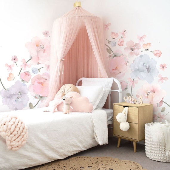 Adesivi Murali Fiori Acquerello - Decorazione Per Camera Ragazza, Soggiorno, 2 Fogli 30x60 Cm