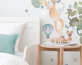 Dschungel Aquarell Tiere Wandtattoo für Jungen Kinderzimmer | Stoffaufkleber, Abnehmbar, Wiederverwendbar