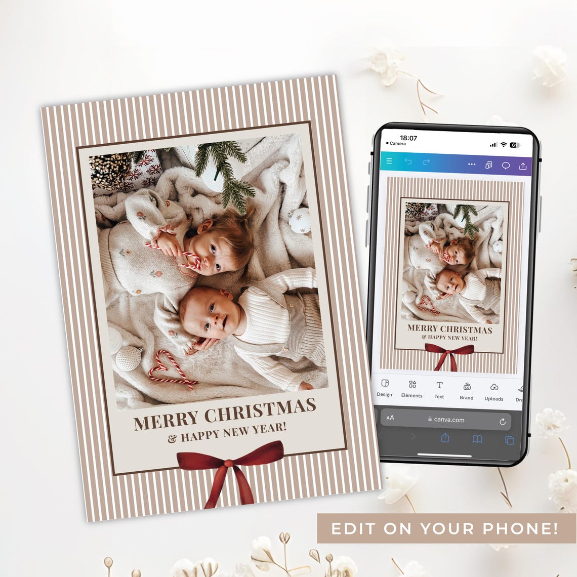 Editable Bow Ribbon Christmas Photo Card Template: Modern Stripes ...