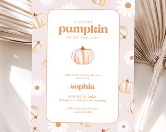 Inbjudan till babyshower med pumpa och tusensköna: Redigerbar bohemisk höstmall (nedladdningsbar Canva 5 x 7 i PDF)