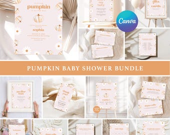 Redigerbara bohemiska pumpa-prästkrage-babyshowerinbjudningspaket: Canva-mallar med hösttema