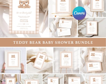 Teddy Bear Baby Shower Bundle Editable Canva Templates | Neutral Bearly ...