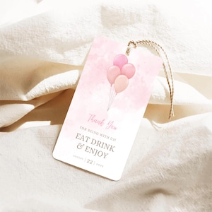 Editable Pink Balloon Baby Shower Favor Tag Template, Printable Watercolor Balloon Gift Tag, DIGITAL DOWNLOAD