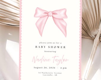 Szablon zaproszenia na baby shower z różową kokardką, motyw Coquette (do pobrania cyfrowego)