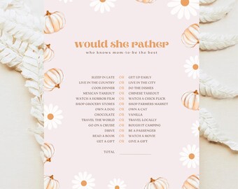 Daisy Pumpkin Babyshower-spel: "Ville hon hellre vilja ha"-hösttema (digital mall)