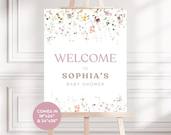 Placa de boas-vindas para chá de bebê com flores silvestres: decoração floral boho (modelo do Canva, 24x18 polegadas)