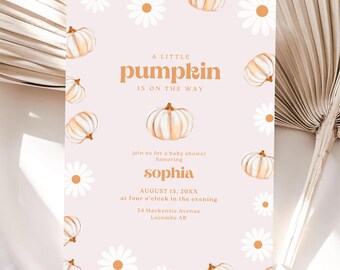 Inbjudan till babyshower med pumpa och tusensköna: Redigerbar höst-boho-mall (nedladdning på Canva)