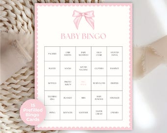 Coquette babyshower bingokaarten: roze strikthema (pdf-download, 16 kaarten inbegrepen)
