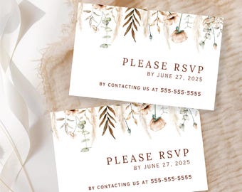Pode incluir: Dois cartões RSVP brancos com ilustrações florais em aquarela. Os cartões têm o texto "PLEASE RSVP BY JUNE 27, 2025" e um número de telefone. Os cartões são decorados com elementos botânicos bege, castanhos e verdes.