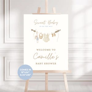 Blue Baby Shower Welcome Sign: Boho Clothesline Theme (Digital Template, 18x24 inches)