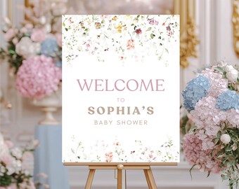 Placa de boas-vindas para chá de bebê com flores silvestres: decoração floral boho (modelo editável do Canva, 24x18 polegadas)