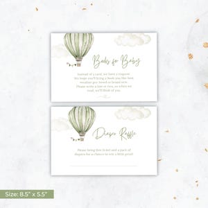 Cartão de rifa de fraldas de balão e livros para cartão de bebê, bilhete de rifa de fraldas de balão de ar quente Sage, encarte de rifa de chá de bebê verde
