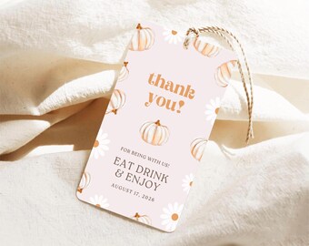 Pumpkin Daisy babyshower-favoritetikett: Redigerbar tacketikett (digital nedladdning, 7,5x12,5 cm)