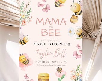 Convite para Chá de Bebê "Mamãe Abelha": Menina Rosa com Estampa Floral (Download Digital)