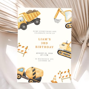 Construction Truck Birthday Invitation: Editable Canva Template (5x7 in, Instant Download