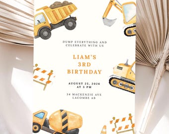 May include: A watercolor-style birthday invitation featuring construction vehicles like a dump truck, excavator, and cement mixer. The text reads "Liam's 3rd Birthday" with the date and time. The invitation has a light beige background.