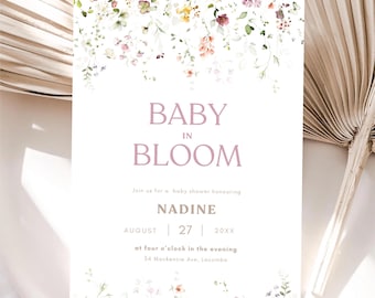 Modelo de convite para chá de bebê com flores silvestres: design floral editável (download digital, modelo Canva de 5 x 7 pol.)