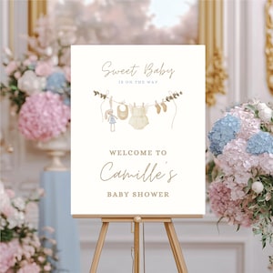 Blue Baby Shower Welcome Sign: Boho Clothesline Theme (Digital Template, 18x24 inches)