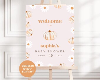 Välkomstskylt för babyshower med pumpa och tusensköna: Redigerbar Canva-mall