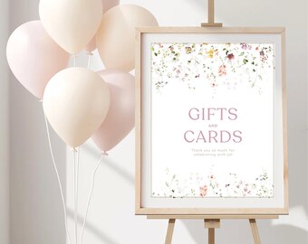 Placa para chá de bebê com flores silvestres: cartões e presentes florais boho rosa (modelo digital para download no Canva 28x21,5 cm)