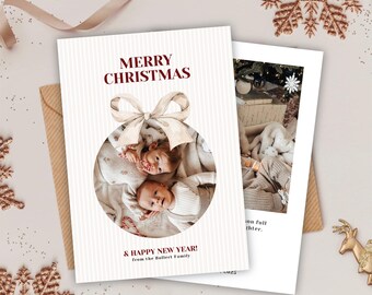 Modelo de cartão de foto de Feliz Natal: Laço de listras modernas (download digital do Canva 5 x 7 pol.)