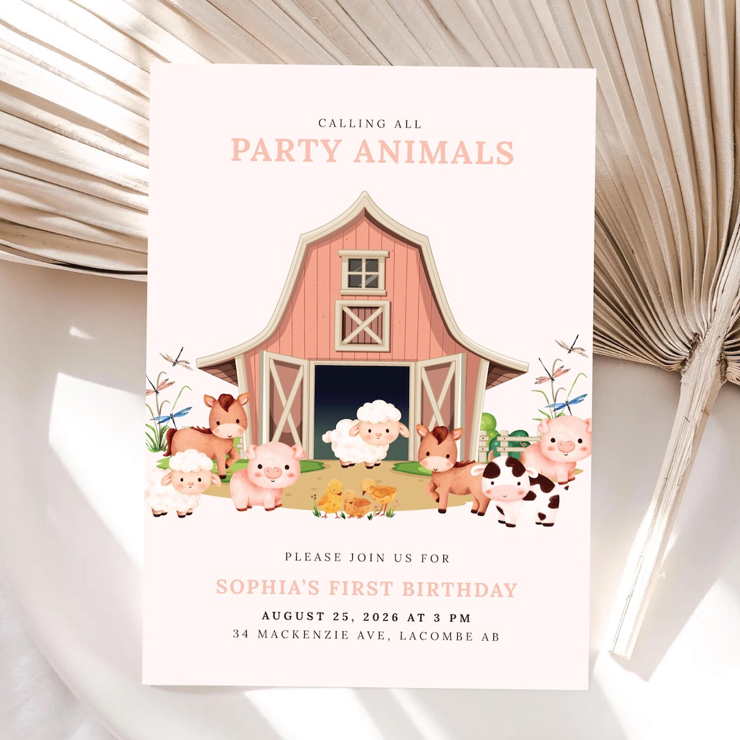Farm Animals 1st Birthday Invitation Template: Editable Canva Design ...