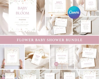 Pacote de convites para chá de bebê com flores silvestres: tema editável de margaridas rosa (modelos para download no Canva)