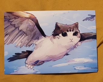 Meowl Art Print | Flying Cat Illustration (4x6in)