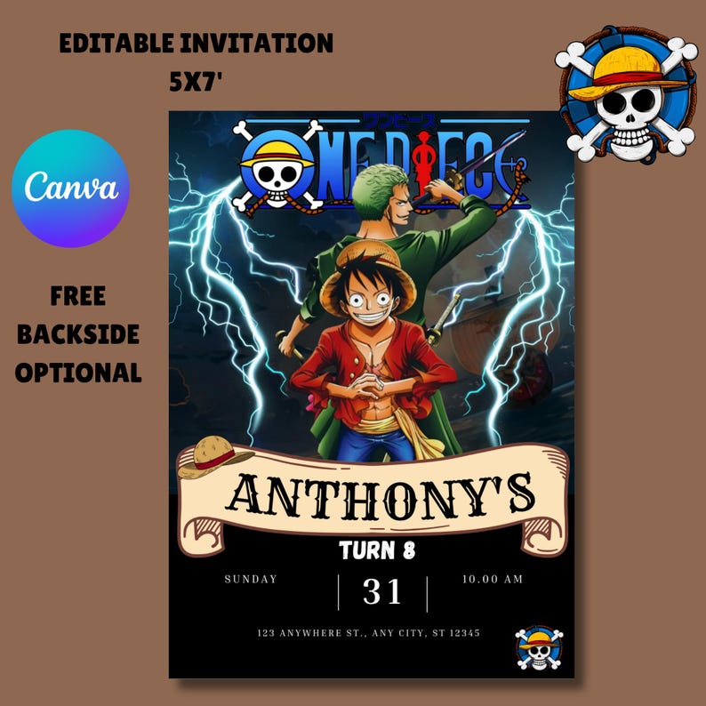 Piece Birthday Invitation, One Piece Party Invite, Anime Invitation ...