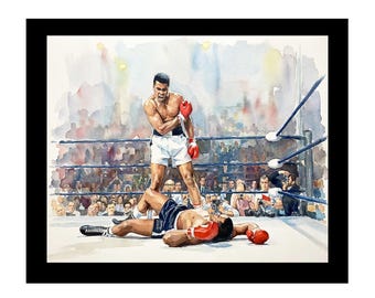 Muhammad Ali vs Sonny Liston Knockout Boxing Artistic Watercolor Print - Sports Wall Art