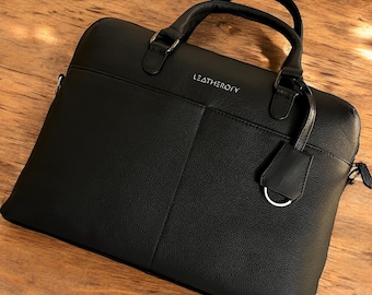 Black Leather Laptop Bag Men Crossbody Messenger Portfolio 13 Inch Briefcase Shoulder Satchel Work Office Tech Accessory Christmas Gift