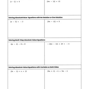 May include: A worksheet with a title "Absolute Value Equations" and several equations to solve. The equations are grouped by difficulty level, with the first group being basic, the second group being more complex, and the third group being the most complex.
