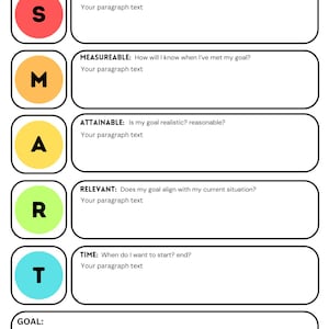 May include: A white sheet with the title "GOAL SETTING" at the top. The sheet is divided into sections labelled with the letters S, M, A, R, and T, each with a corresponding question and space for text.