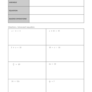 May include: A worksheet with the title "Solving One Step Equations Notes". The worksheet includes a table with the headings "Variable", "Equation", and "Inverse Operations". The worksheet also includes several one-step equations for students to solve.