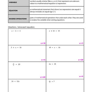 May include: A worksheet with maths problems for solving one-step equations. The worksheet includes a table with different equations and the solutions for each equation. The equations include variables like x and numbers. The solutions are written in pink.