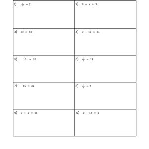 May include: A worksheet with ten maths problems for solving equations. The problems are numbered 1 through 10 and each problem has a blank space for the answer.