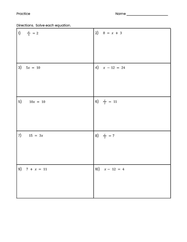 May include: A worksheet with ten maths problems for solving equations. The problems are numbered 1 through 10 and each problem has a blank space for the answer.