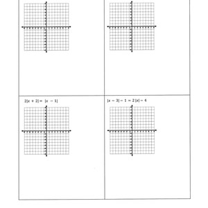 以下が含まれることがあります： 絶対値方程式のシステムを示す4つのグラフが描かれたワークシート。各グラフは、x軸とy軸を持つグリッドで、各グラフの上に方程式が書かれています。