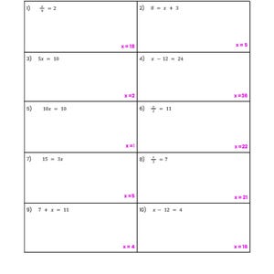 May include: A worksheet with maths problems for solving equations. The problems are numbered 1 through 10 and each problem has a space for the answer. The answers are written in pink.