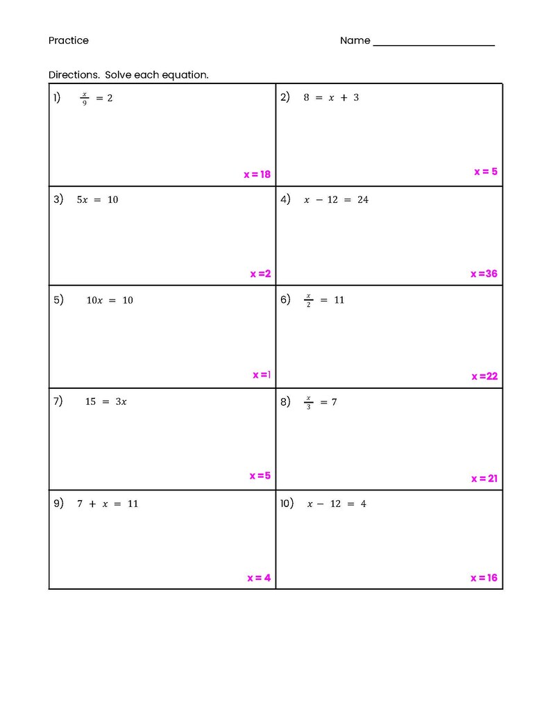 May include: A worksheet with maths problems for solving equations. The problems are numbered 1 through 10 and each problem has a space for the answer. The answers are written in pink.