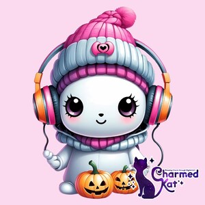 Pink ghost png, pink Halloween png, pink headphone png, bougie ghost, girl cute ghost png, sticker png, mug png, Trending png, pod, dtf, png