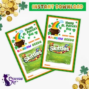 Etiqueta de regalo del día de San Patricio, semillas de arcoíris de Skittles, regalo del día de San Patricio para el aula para niños, etiqueta de regalo de caramelos Skittles, descarga instantánea