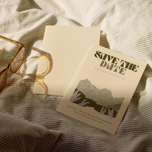 Modello retrò per salvare la data del Glacier National Park per Canva, invito di nozze vintage del National Park, design personalizzabile per salvare la data