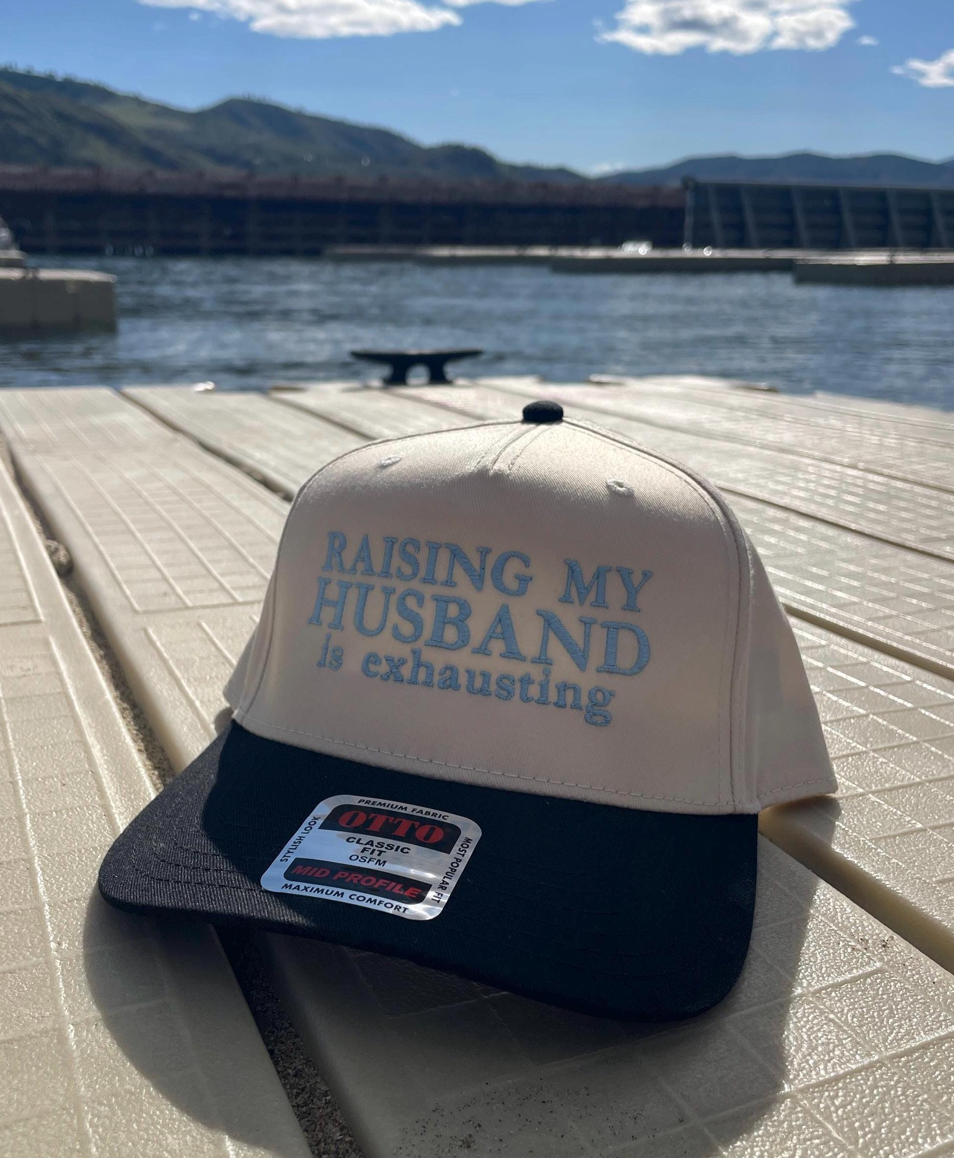 RAISING MY HUSBAND IS EXHAUSTING Black & White Funny Trucker Hat Raising My Husband is Exhausting main image 3
