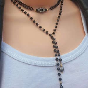 Black chain necklace Layered lariat necklace Bullet black beaded gold chain necklace | black curb chain choker multi layered necklace